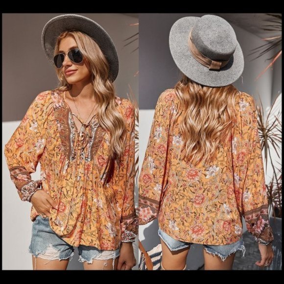 Viv's Boutique Tops - Boho Lightweight Floral Orange Blouse Size XL